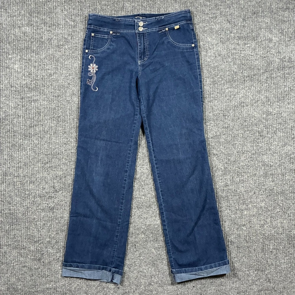 Macami Womens Straight Jeans Size 14 Embroidered Dark‎ Wash Cuffed Denim